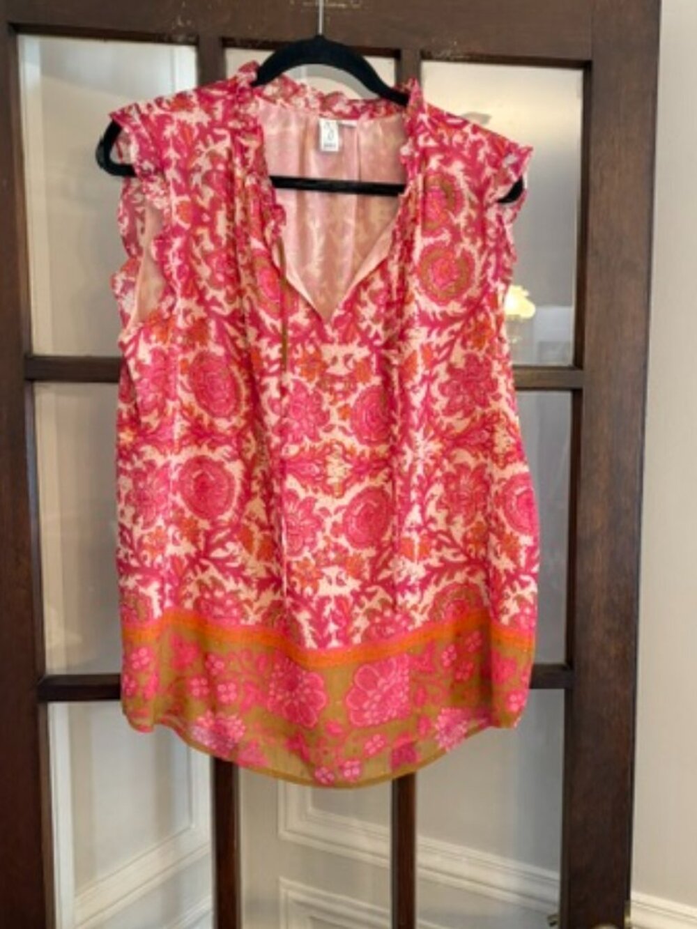 Joie Pink and Orange Patterned Sleeveless Blouse, Size Large